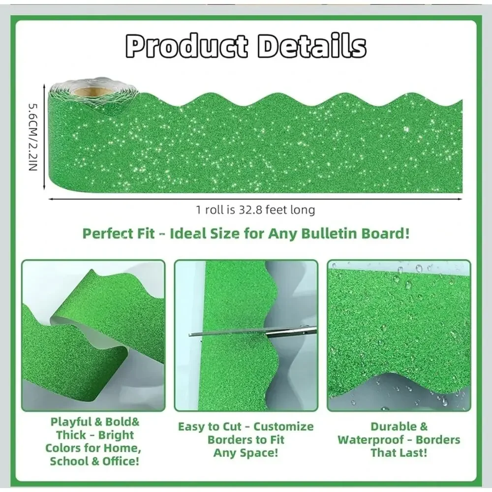 8 Rolls 262.4 Ft Glitter Bulletin Board Borders Colorful Scalloped Trim s13
